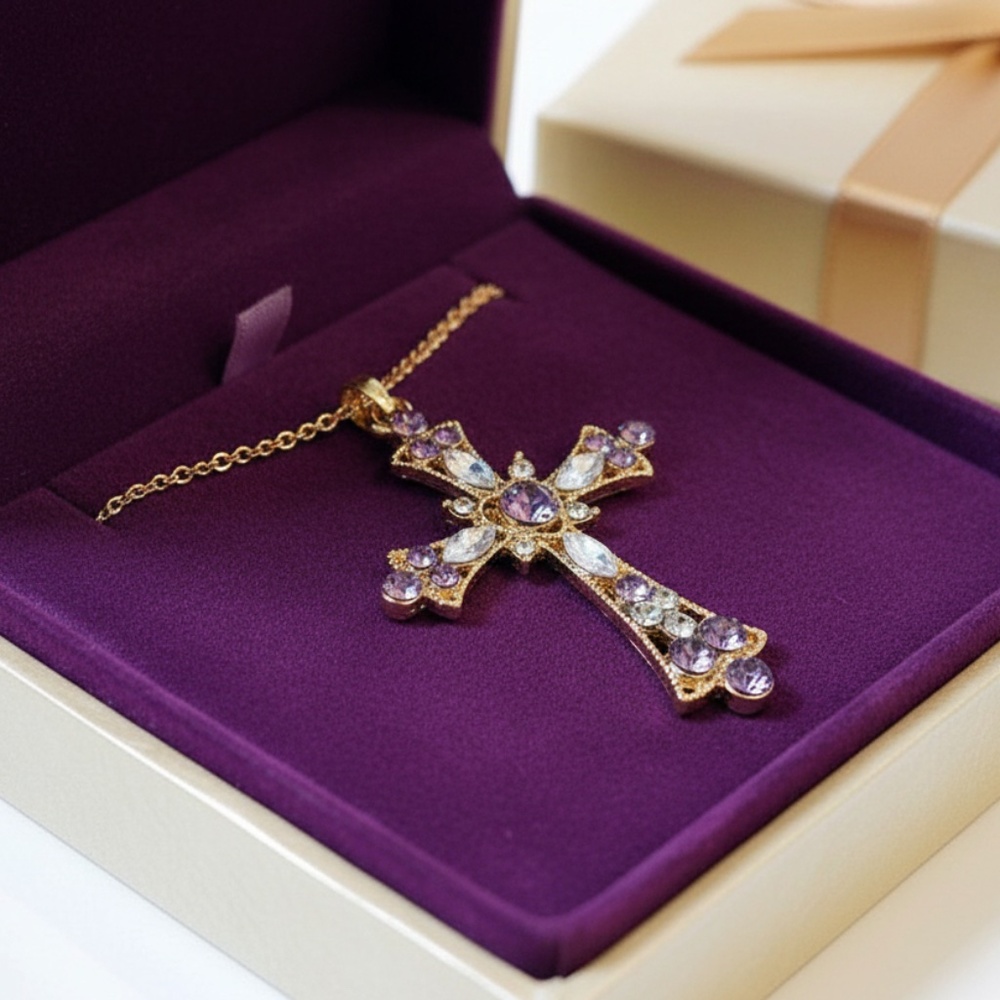 Womens Gold Chain Necklace Gold & Purple Cross Pendant - Picture 3 of 5